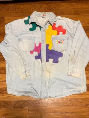 Zana Di Light Wash Denim Jacket with Multicolor Puzzle Appliqués